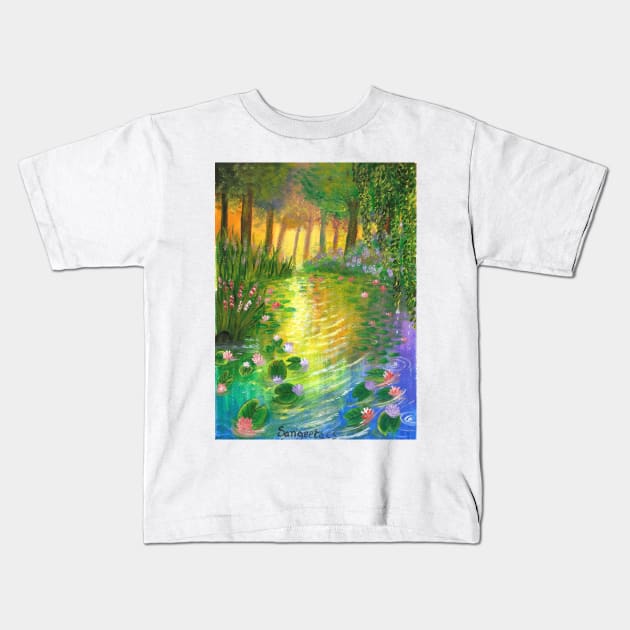 sunset on the pond of lotus and lily relaxing scenery acrylic painting Kids T-Shirt by Sangeetacs